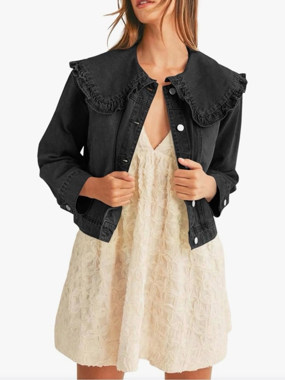 Ruffle-Collar Denim Jacket / Topper - Black - New Never Worn